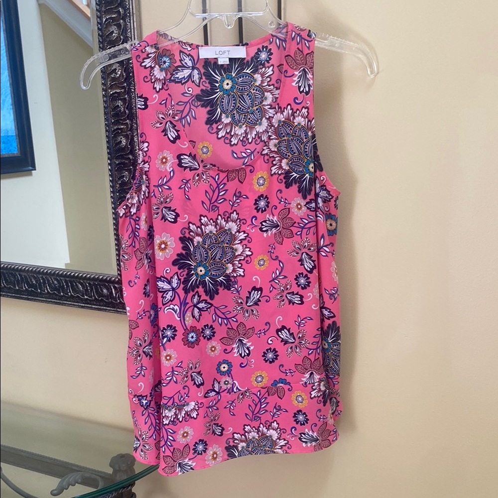 LOFT Vibrant Pink Floral Sleeveless Top with feminine fluttery hemline